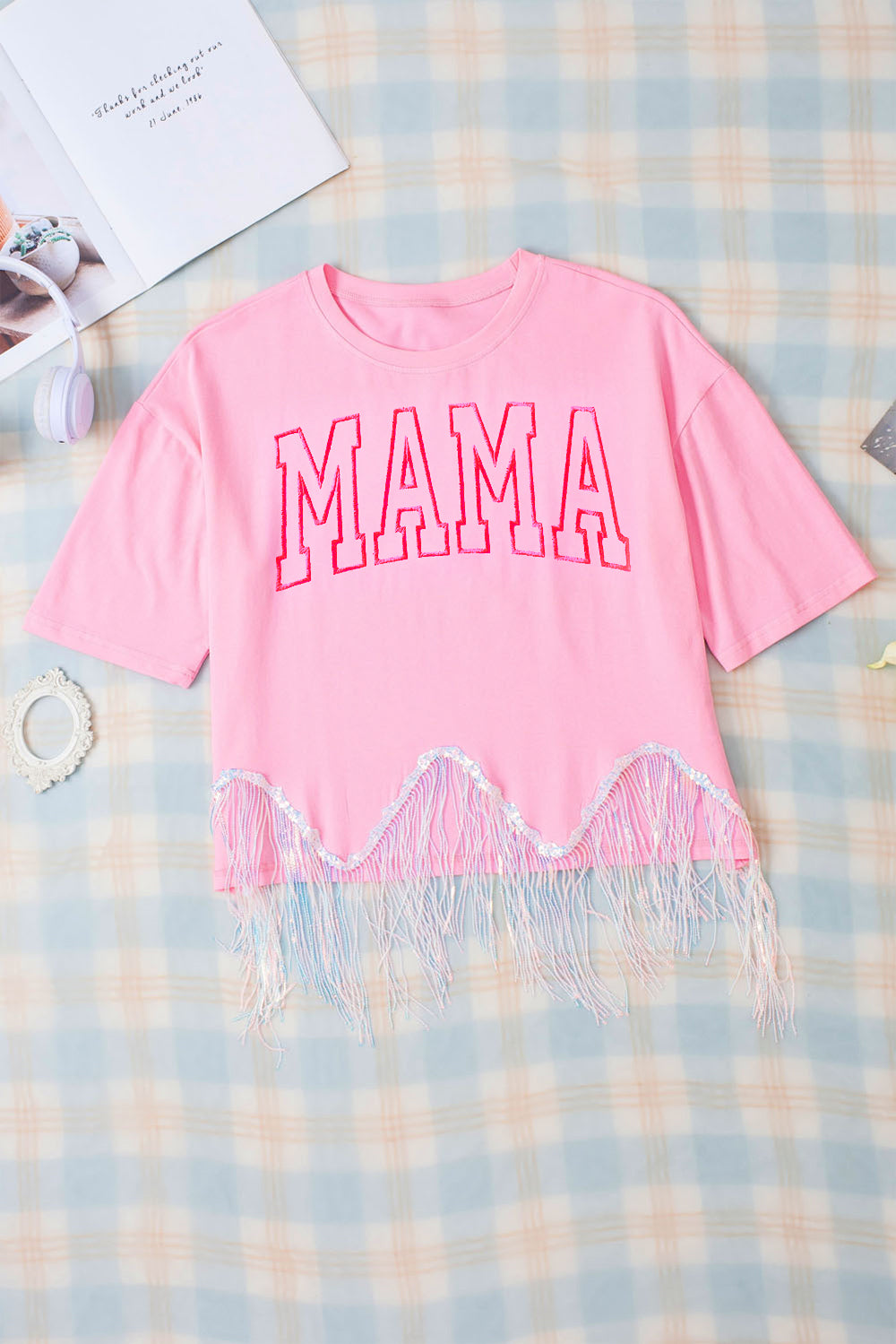MAMA Sequin Fringe Round Neck T-Shirt