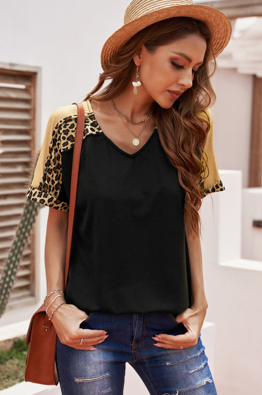 Leopard Print Color Block Sleeves Tunic Top
