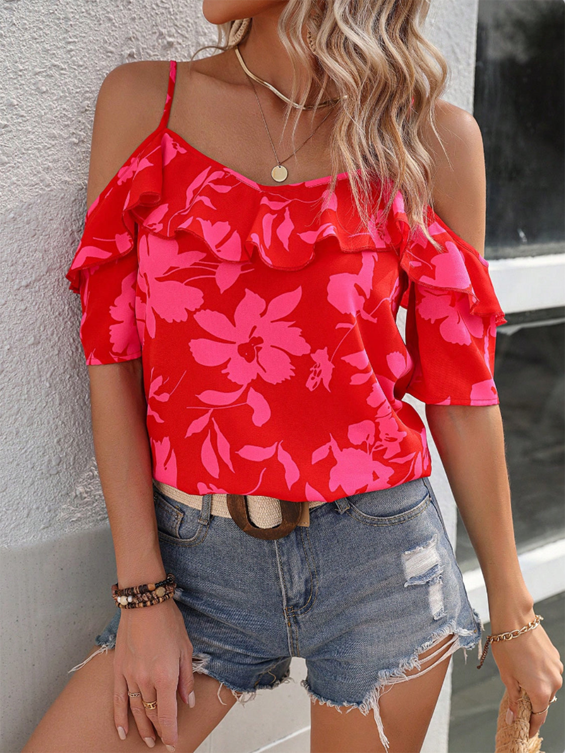 Ruffled Printed Short Sleeve Blouse