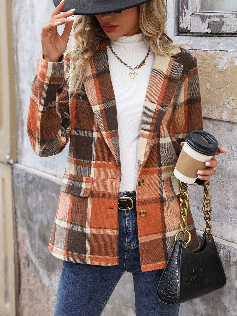 Perfee Pocketed Plaid Button Up Collared Neck Jacket