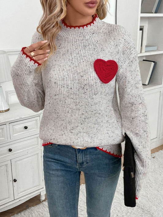 Perfee Contrast Heart Round Neck Long Sleeve Sweater