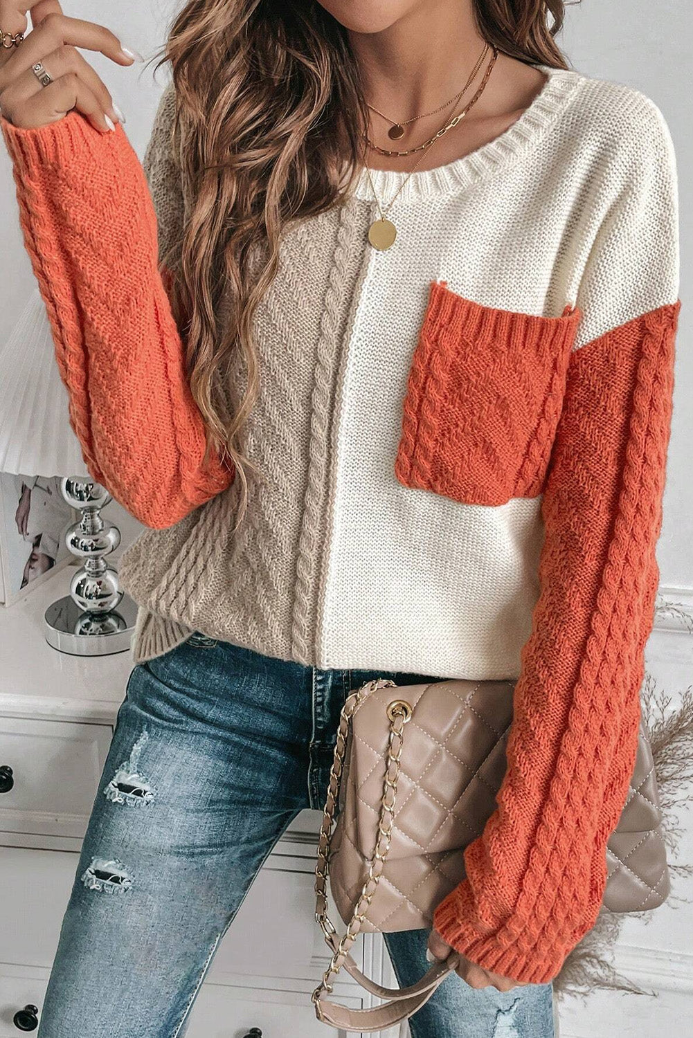 Color Block Round Neck Long Sleeve Sweater