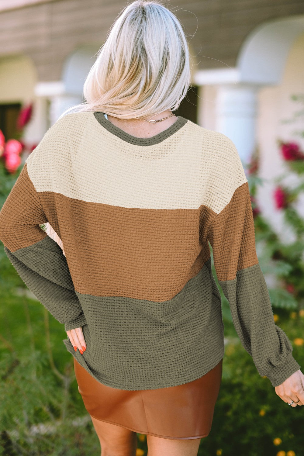 Waffle-Knit Color Block Round Neck Long Sleeve Blouse