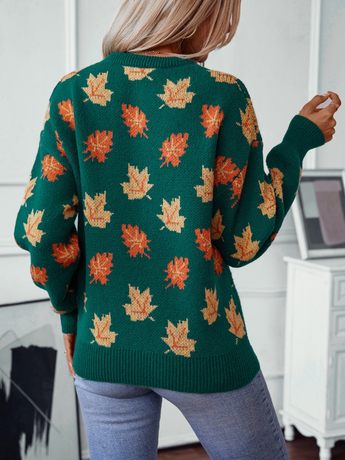 Maple Leaf Round Neck Long Sleeve Sweater