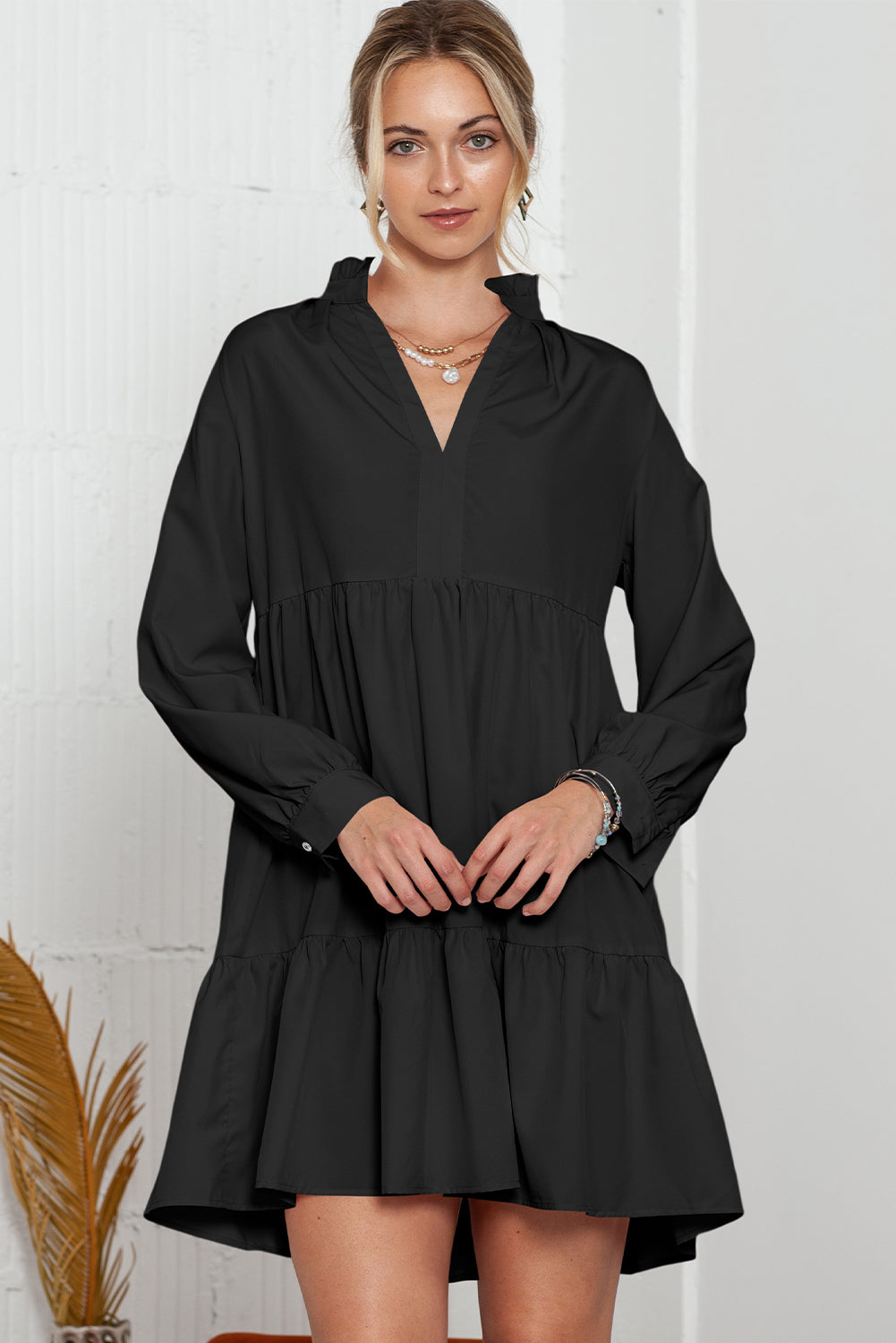 Black Elegant Stand V Neck Short Frill Dress