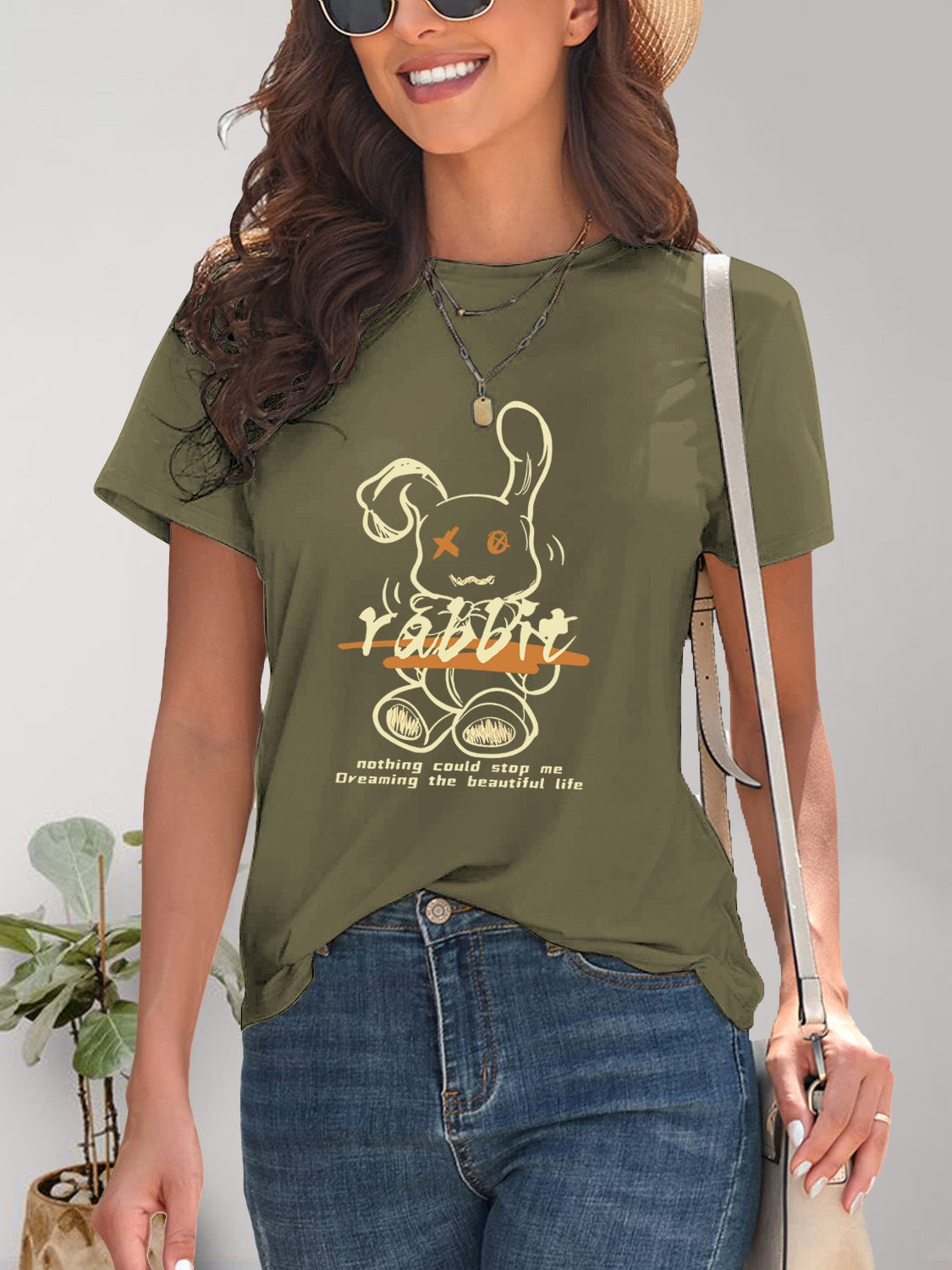 Rabbit Graphic Round Neck Short Sleeve T-Shirt