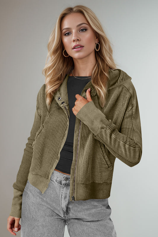 Double Take Waffle-Knit Zip Up Long Sleeve Hooded Jacket