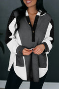 Black Color Block Snap Button Oversized Pullover Hoodie