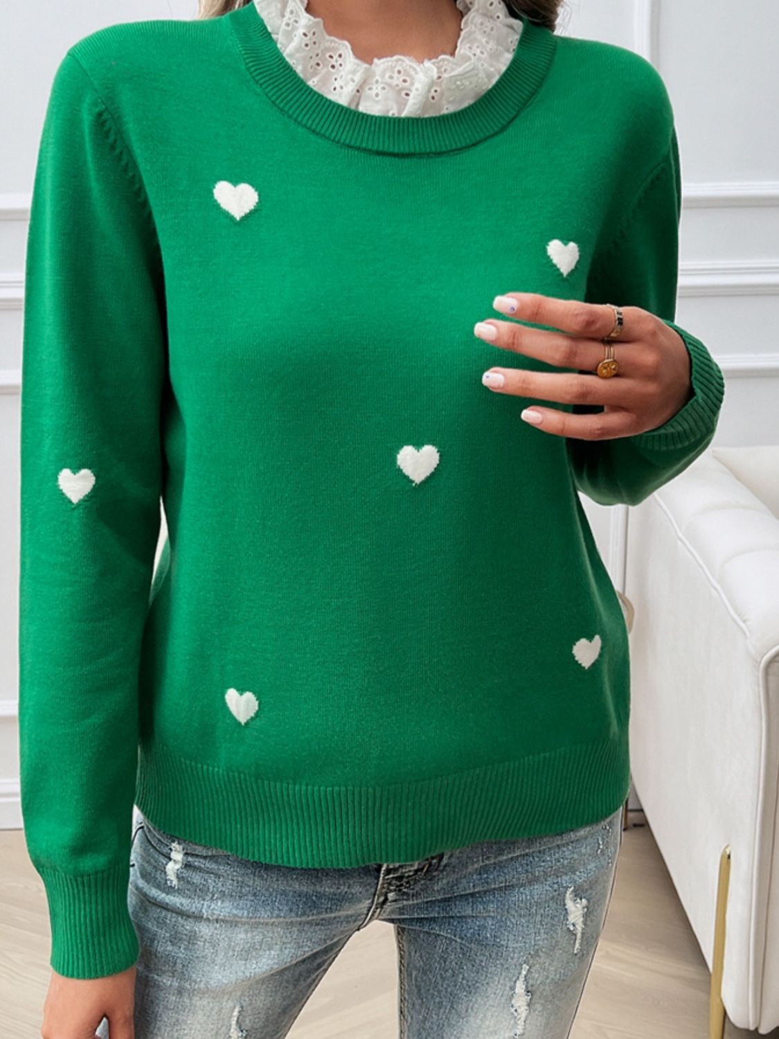 Lace Detail Heart Long Sleeve Sweater