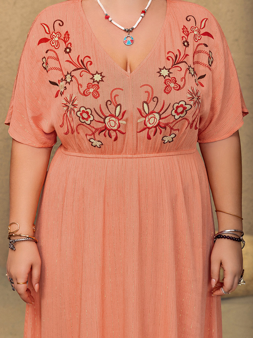 Plus Size Frill Embroidered V-Neck Half Sleeve Maxi Dress
