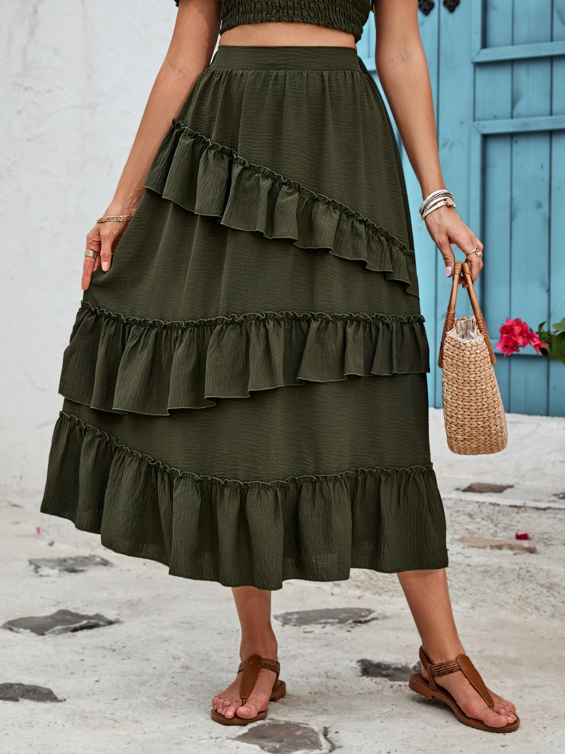 Ruffled Elastic Waist Midi Skirt