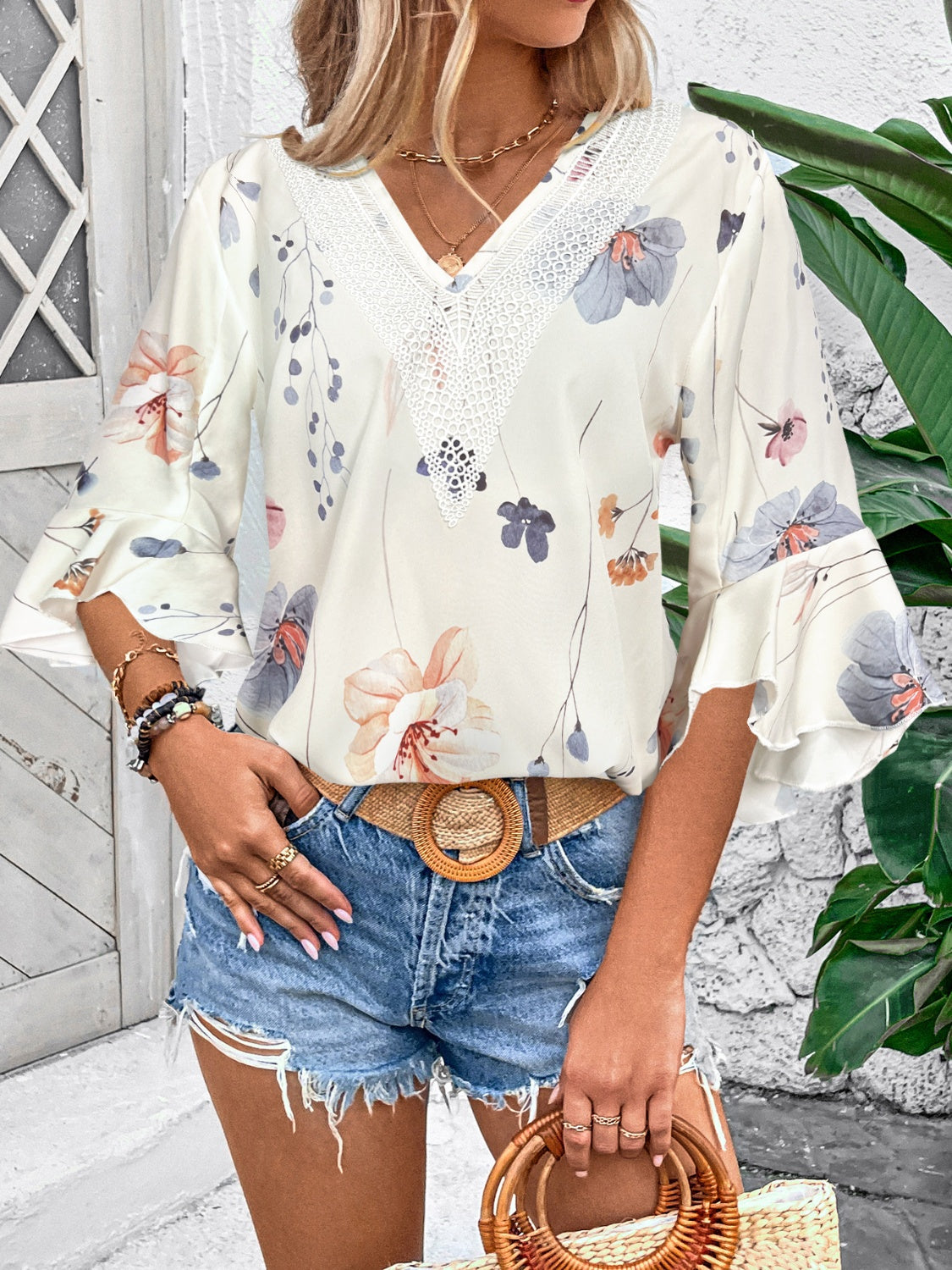 Ruffled Printed V-Neck Half Sleeve Blouse