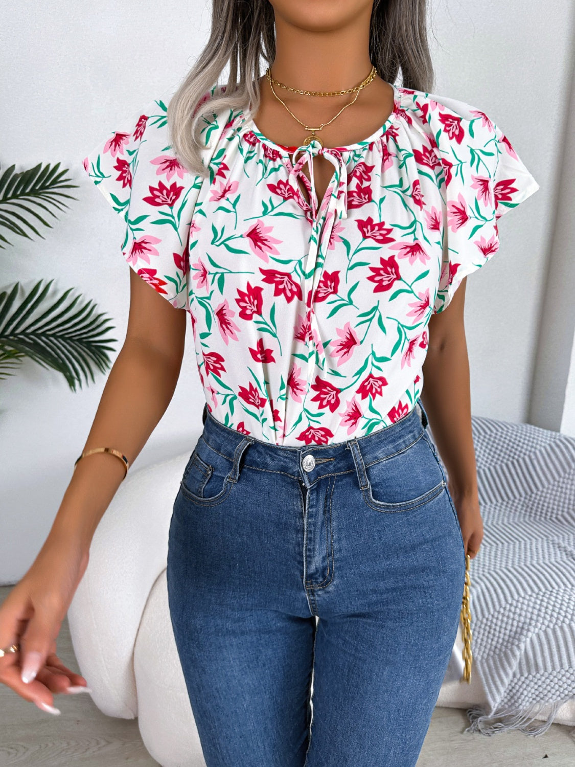 Floral Tie Neck Flutter Sleeve Blouse