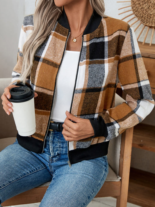 Plaid Zip Up Long Sleeve Jacket