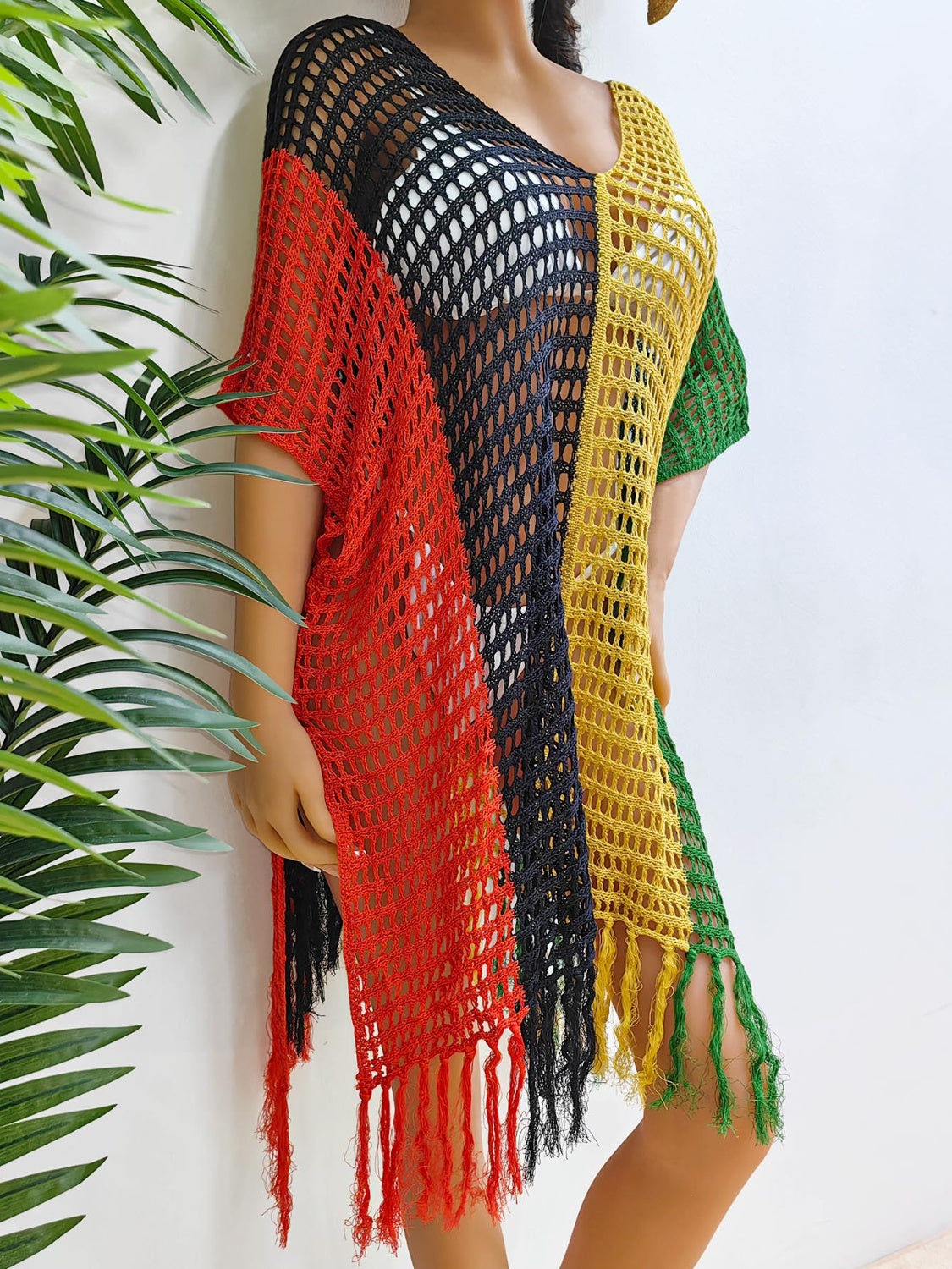 Fringe Color Block Scoop Neck Cover Up