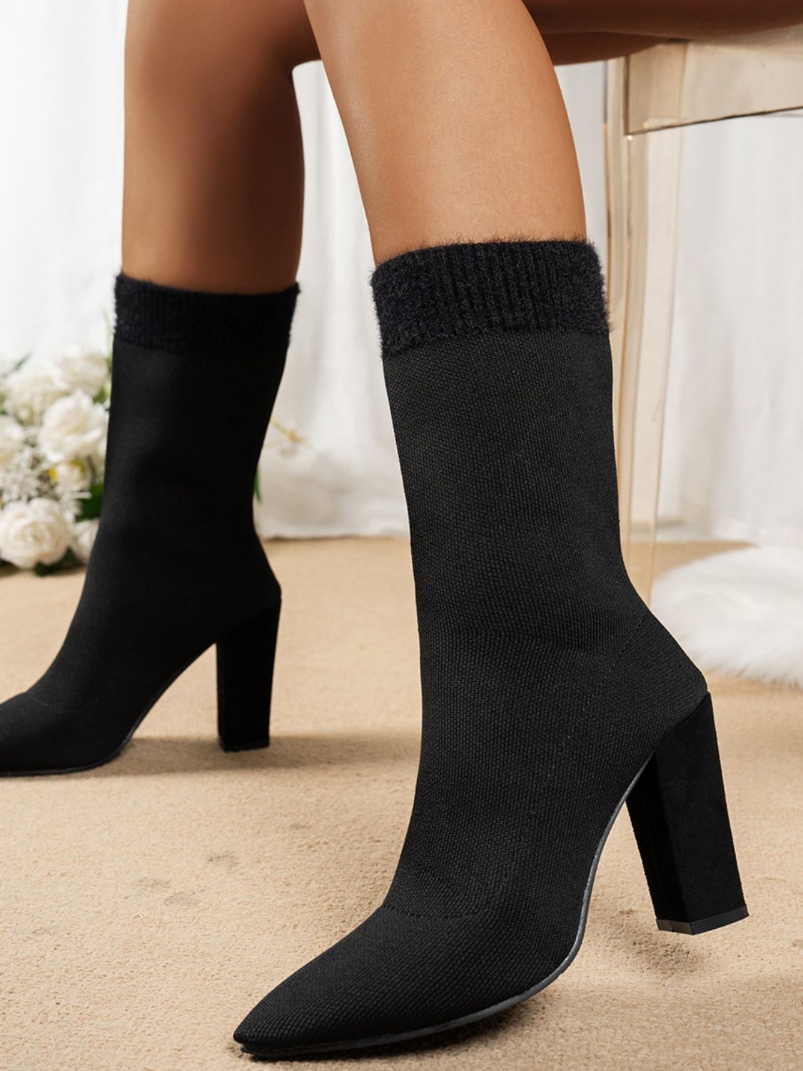 Mesh Point Toe Block Heel Boots