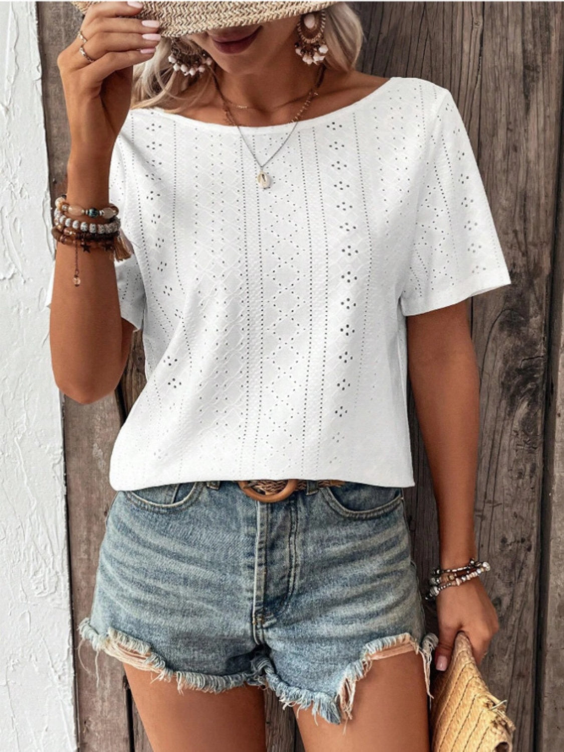 Lace Detail Eyelet Short Sleeve Blouse