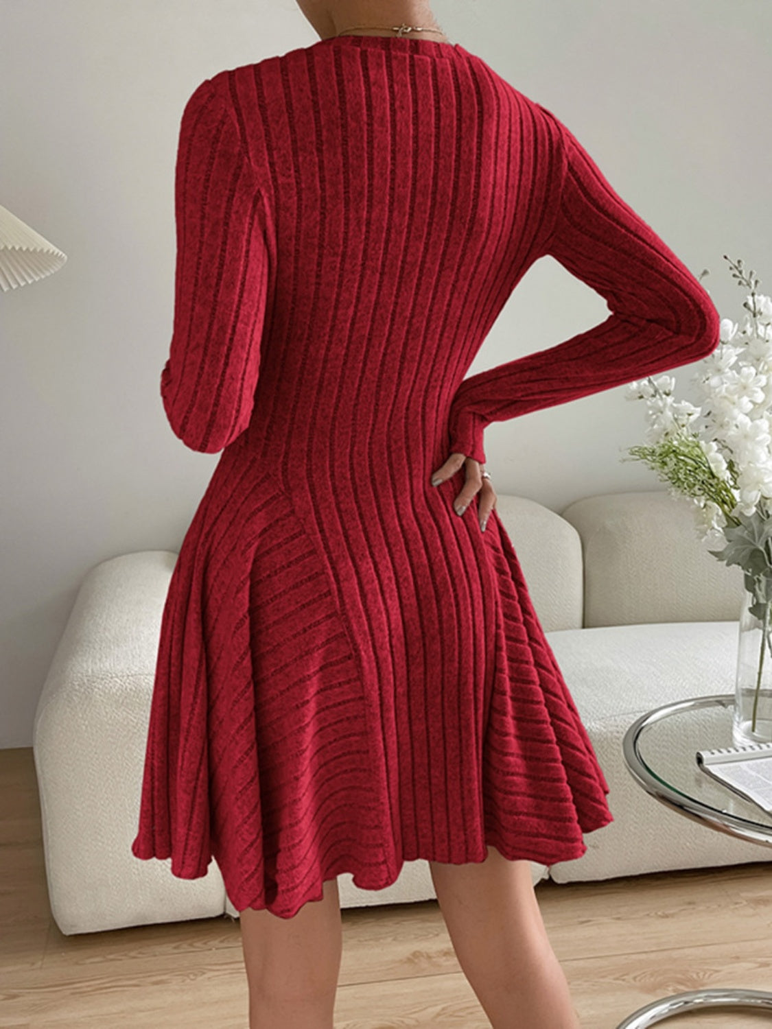 Ribbed Round Neck Long Sleeve Dress