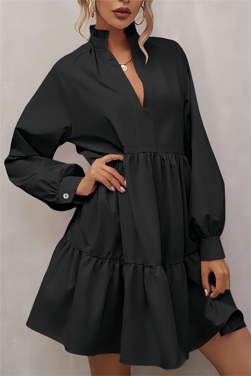 Black Elegant Stand V Neck Short Frill Dress