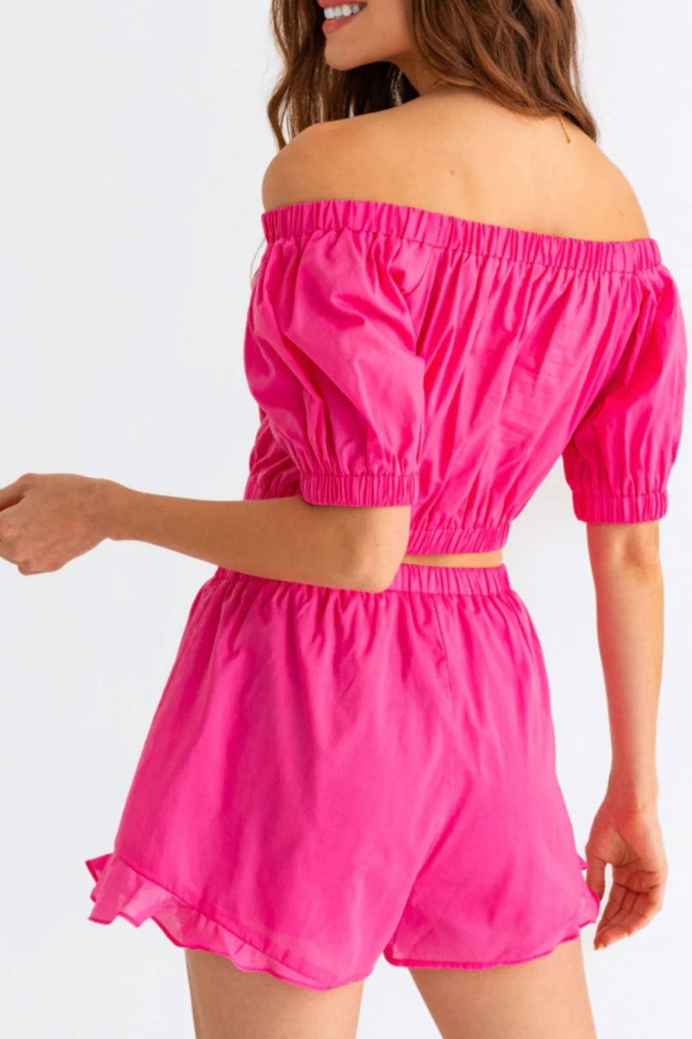 Tasha Apparel Off Shoulder Crop Top and Ruffled Shorts Set