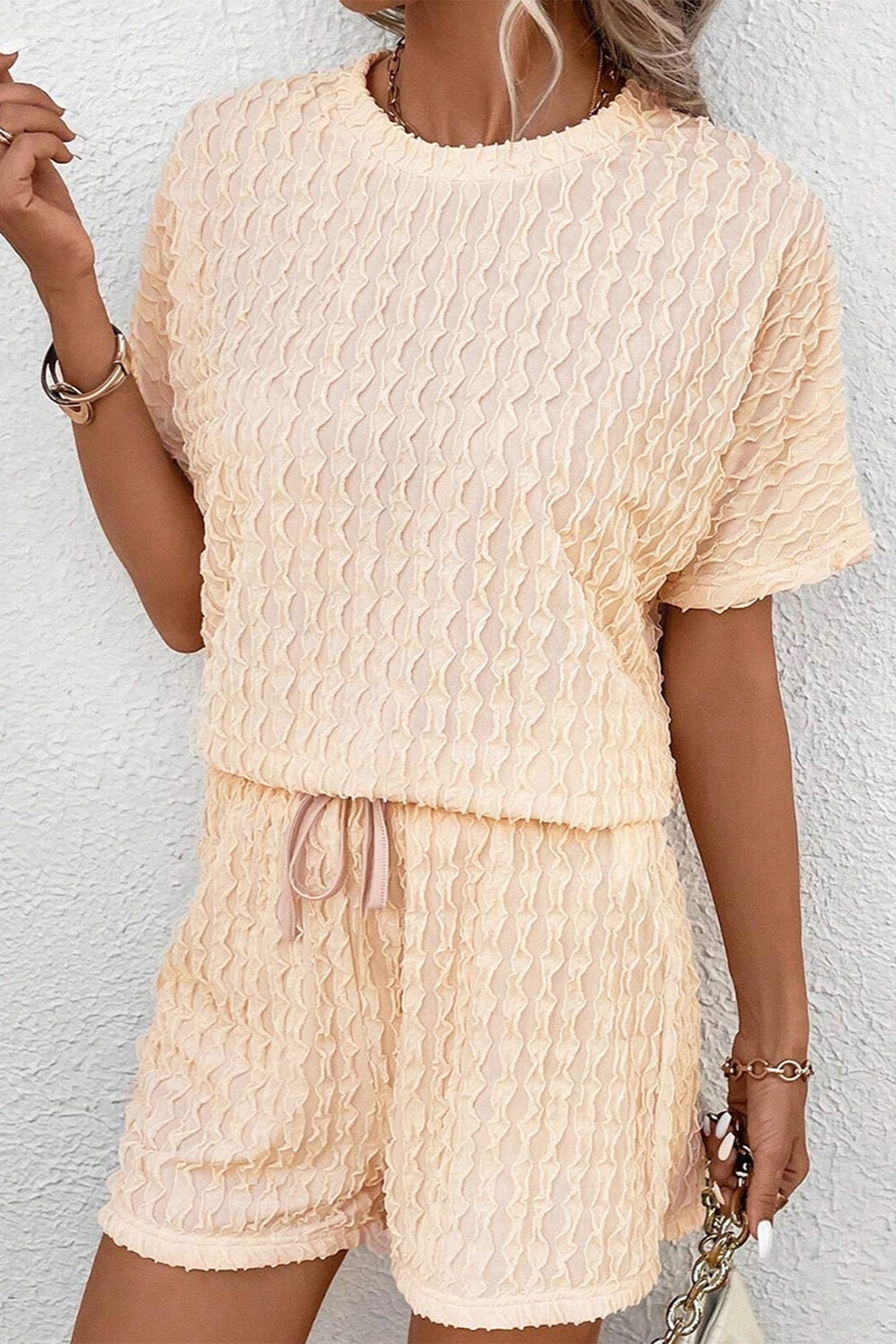 Textured Round Neck Top and Shorts Set