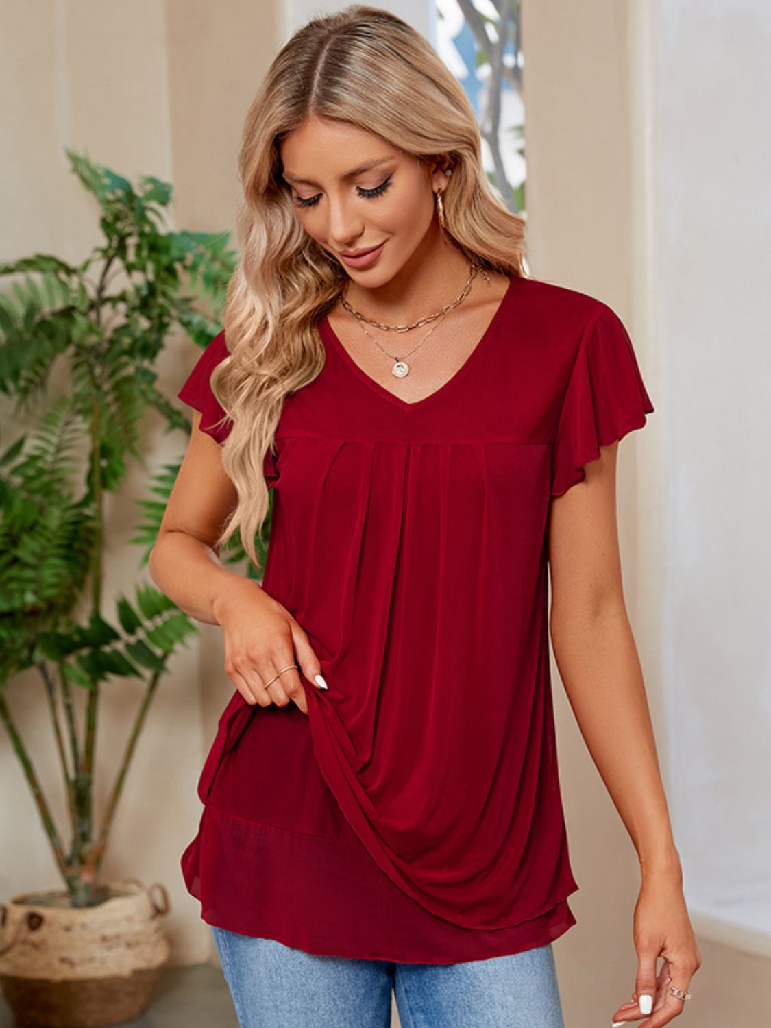 Ruched V-Neck Short Sleeve T-Shirt