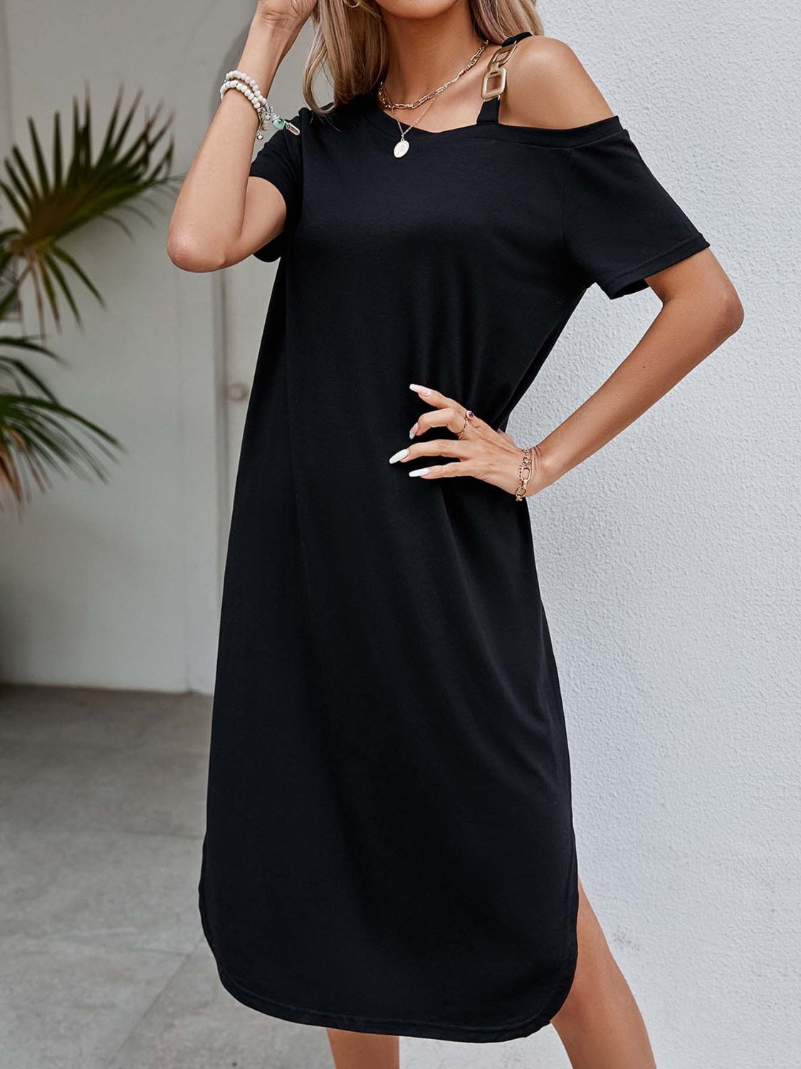 Slit Asymmetrical Neck Short Sleeve Dress