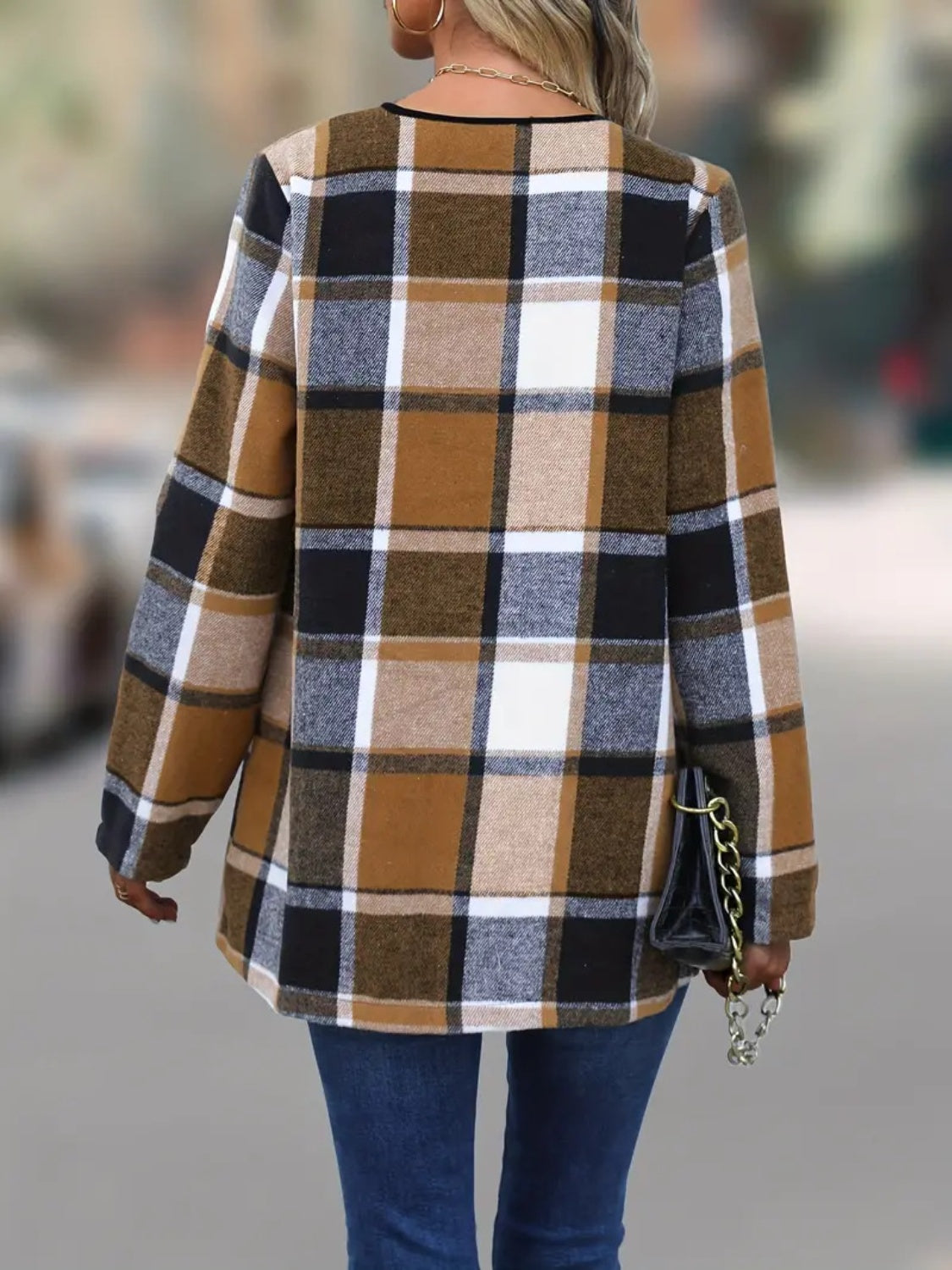 Plaid Open Front Long Sleeve Jacket