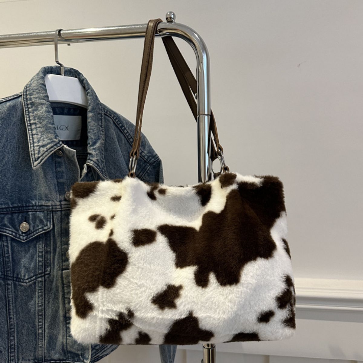 Cow Print Furry Tote Bag