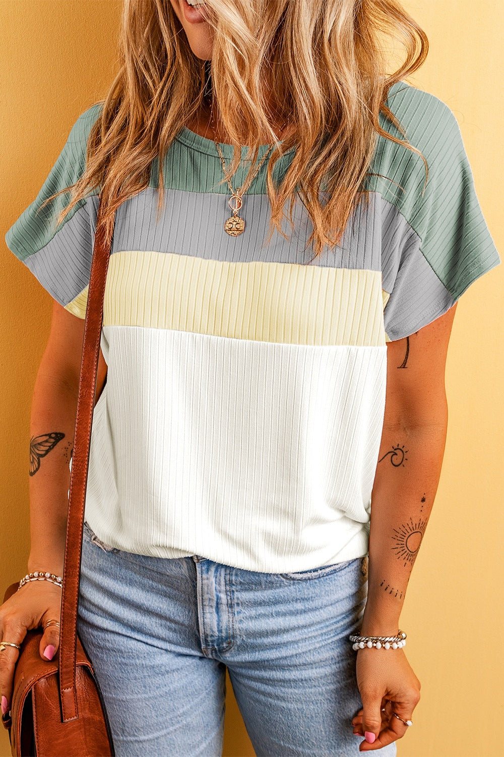 Color Block Round Neck Short Sleeve T-Shirt