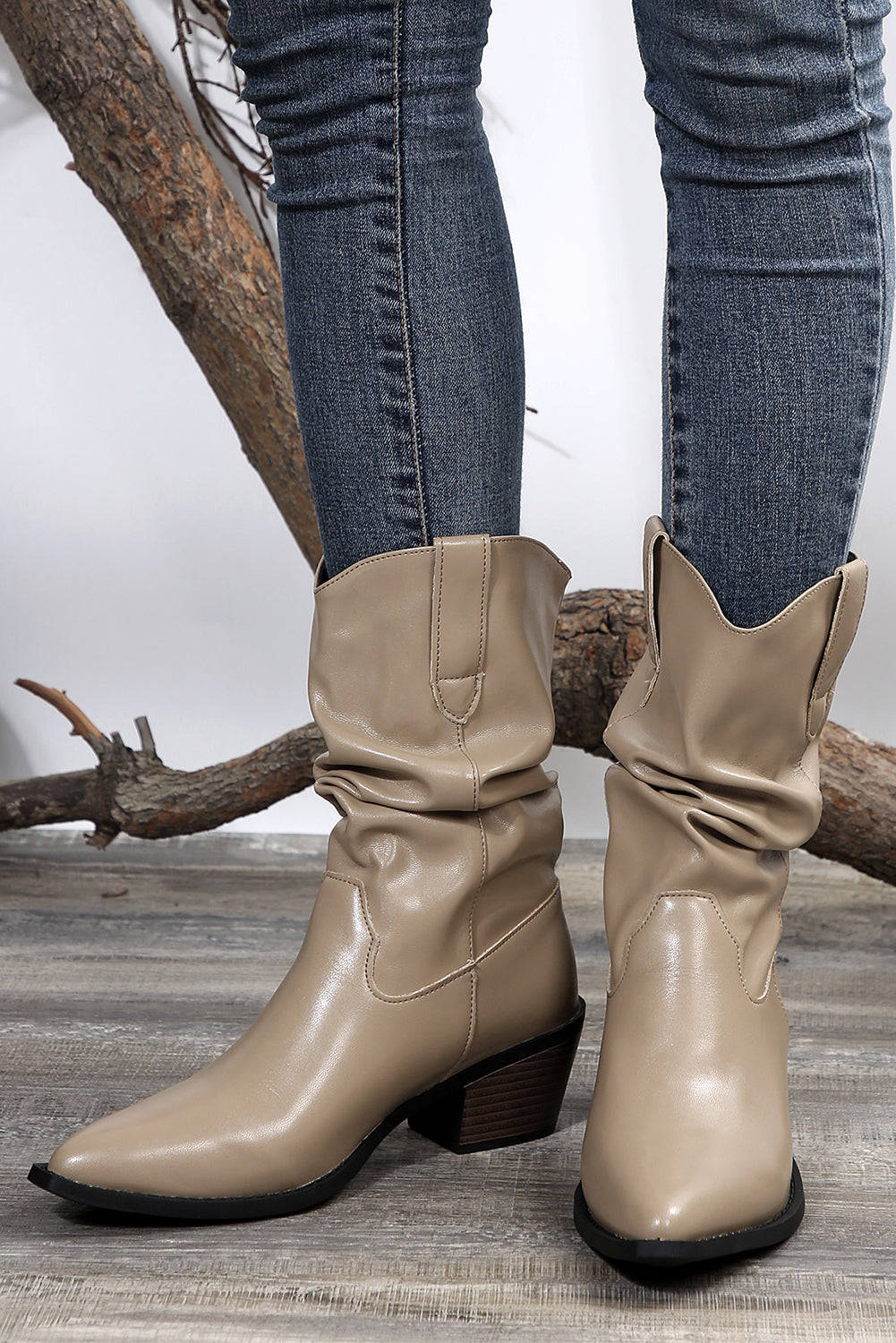 Tan Block Heel Scrunch Faux Leather Pointed Toe Boots