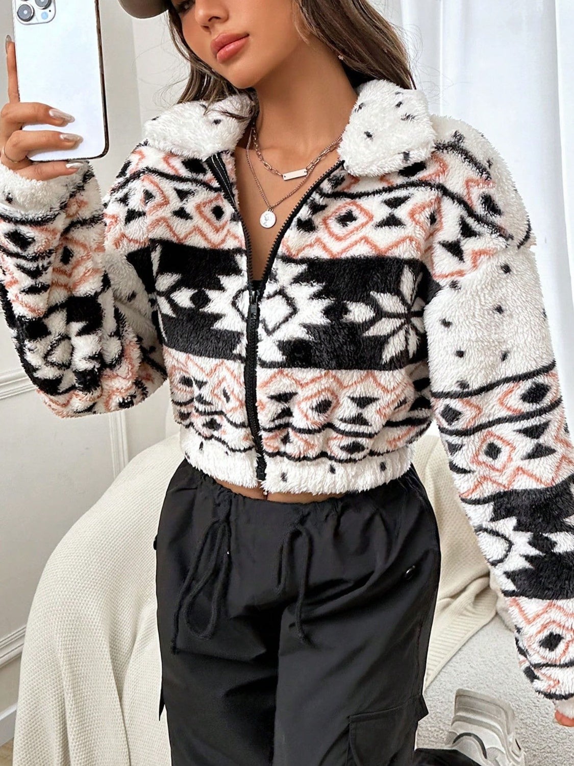 Geometric Collared Neck Zip Up Cropped Jacket