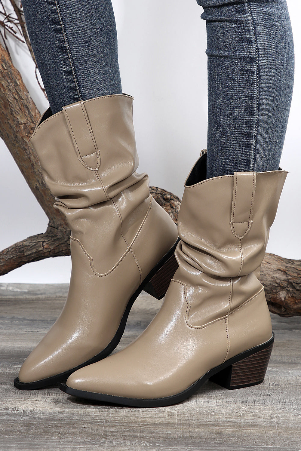 Tan Block Heel Scrunch Faux Leather Pointed Toe Boots