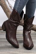 Tan Block Heel Scrunch Faux Leather Pointed Toe Boots