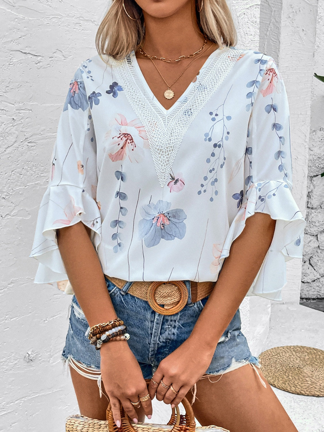 Ruffled Printed V-Neck Half Sleeve Blouse