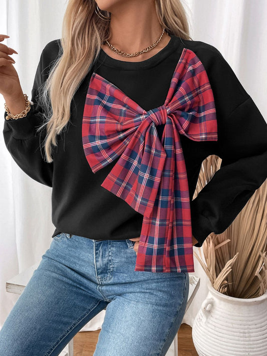 Perfee Bow Round Neck Long Sleeve Sweatshirt