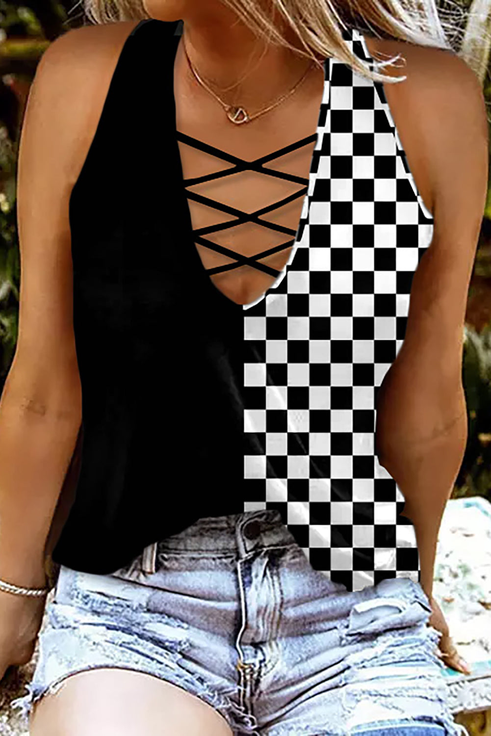 Crisscross Checkered Wide Strap Tank