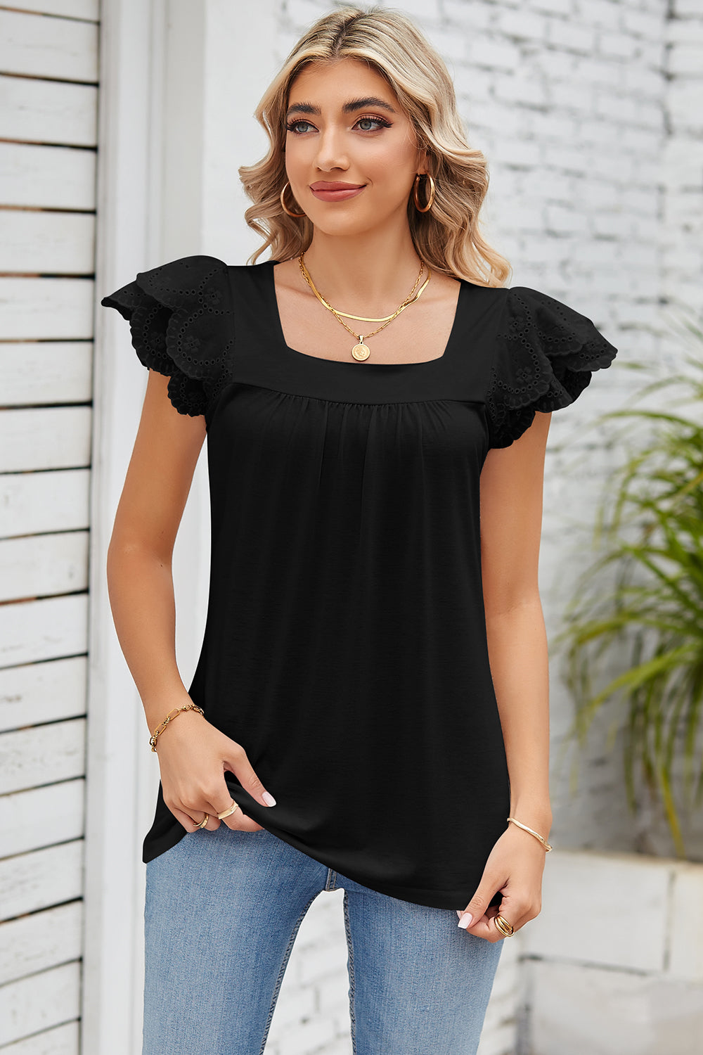 Eyelet Square Neck Cap Sleeve Blouse