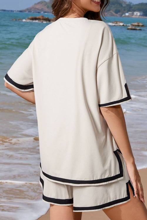 Contrast Trim Round Neck Top and Shorts Set