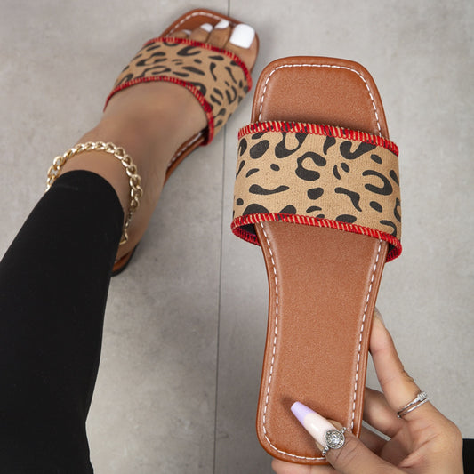 Leopard PU Leather Flat Sandals