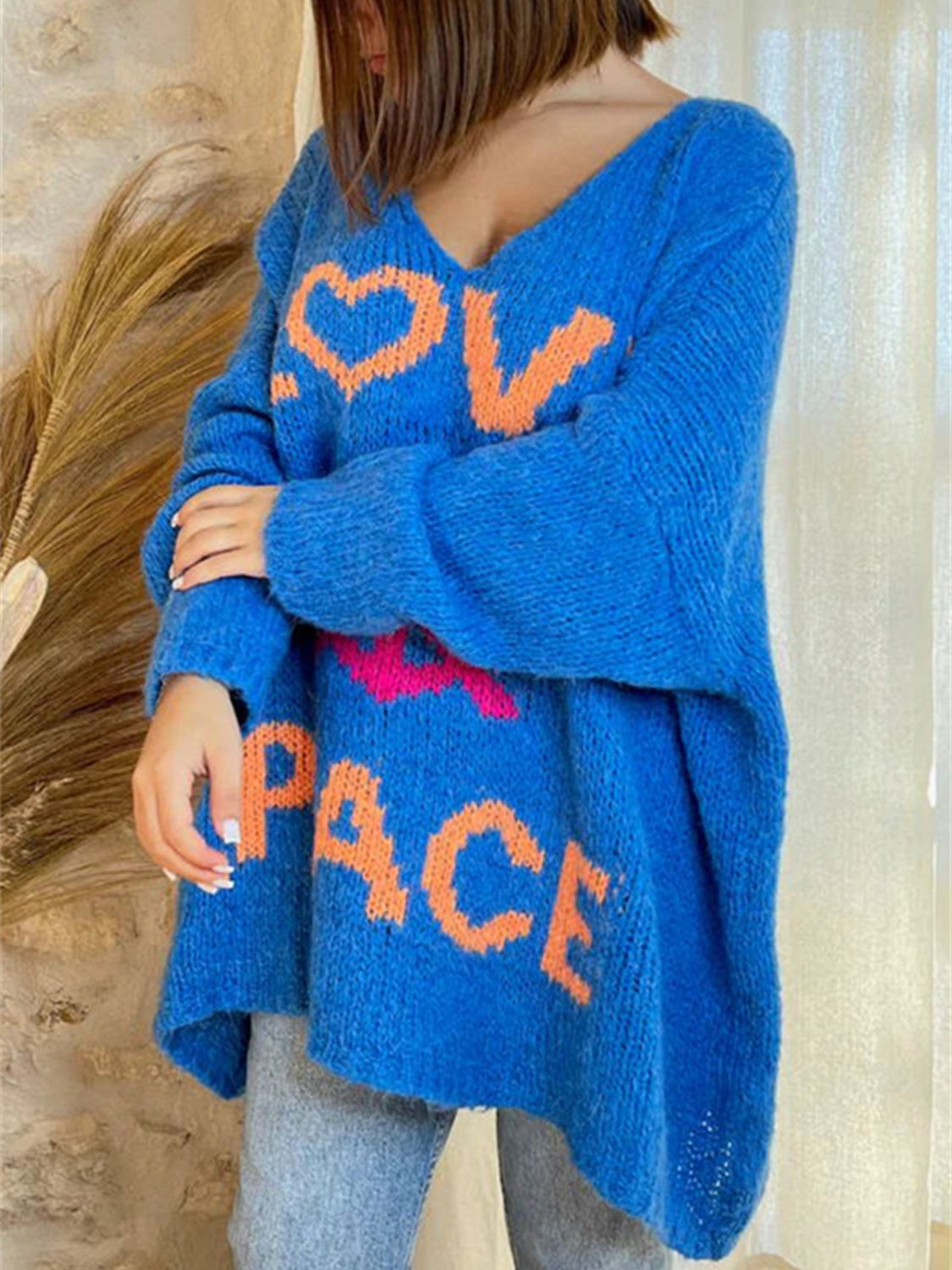 Peace Graphic V-Neck Long Sleeve Sweater