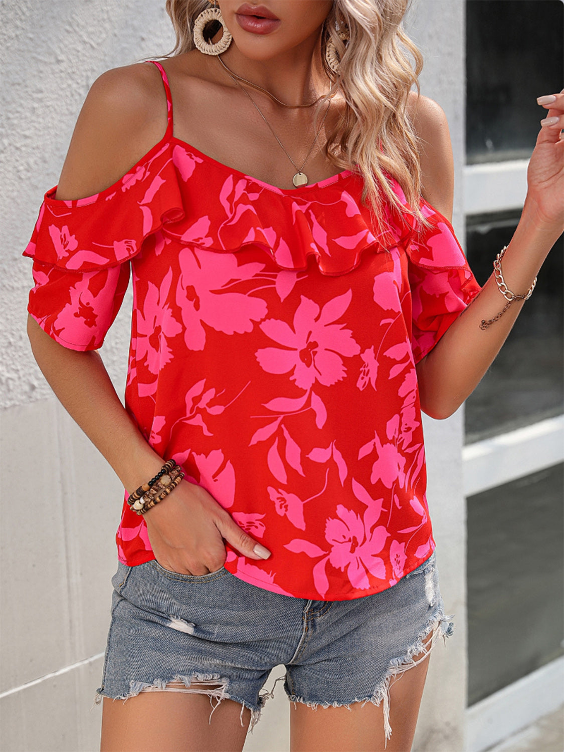 Ruffled Printed Short Sleeve Blouse