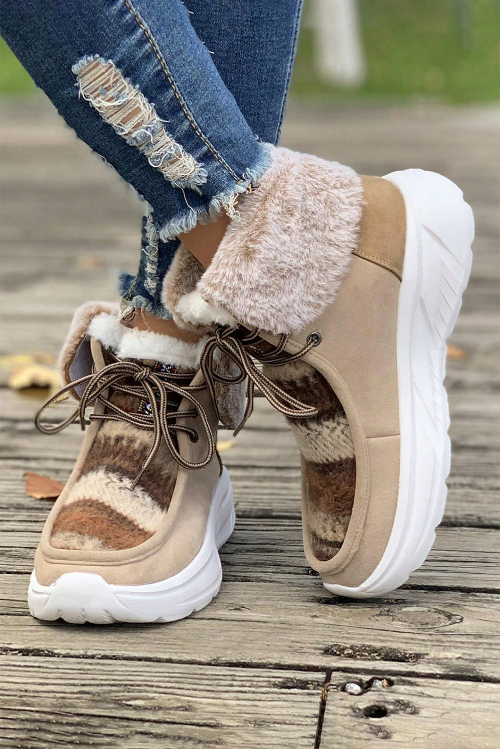 Chestnut Striped Raw Hem Patchwork Lace Up Sneakers