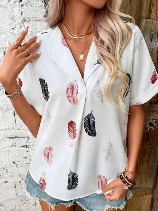 Full Size Printed Collared Neck Short Sleeve Blouse