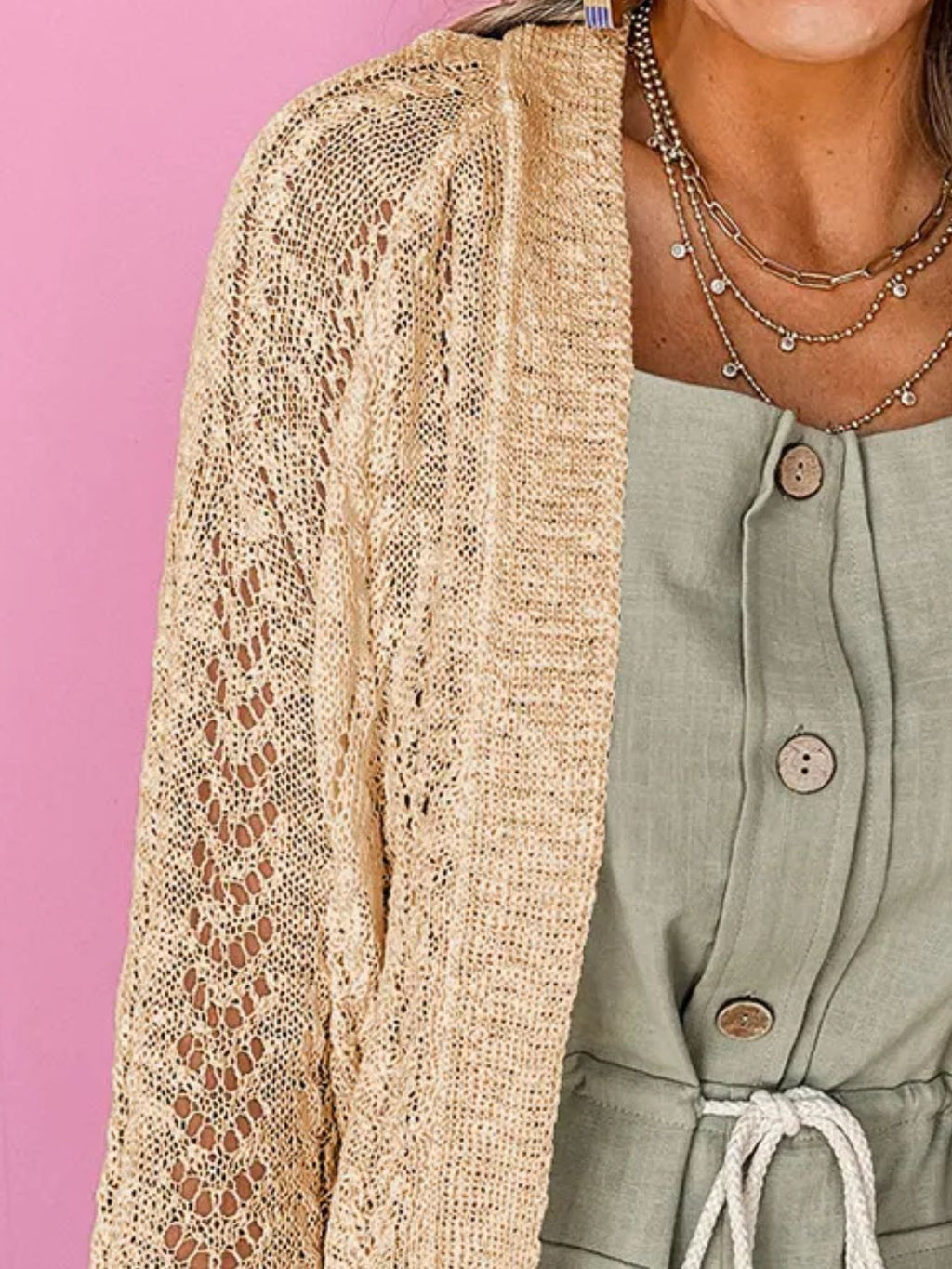 Openwork Open Front Long Sleeve Cardigan