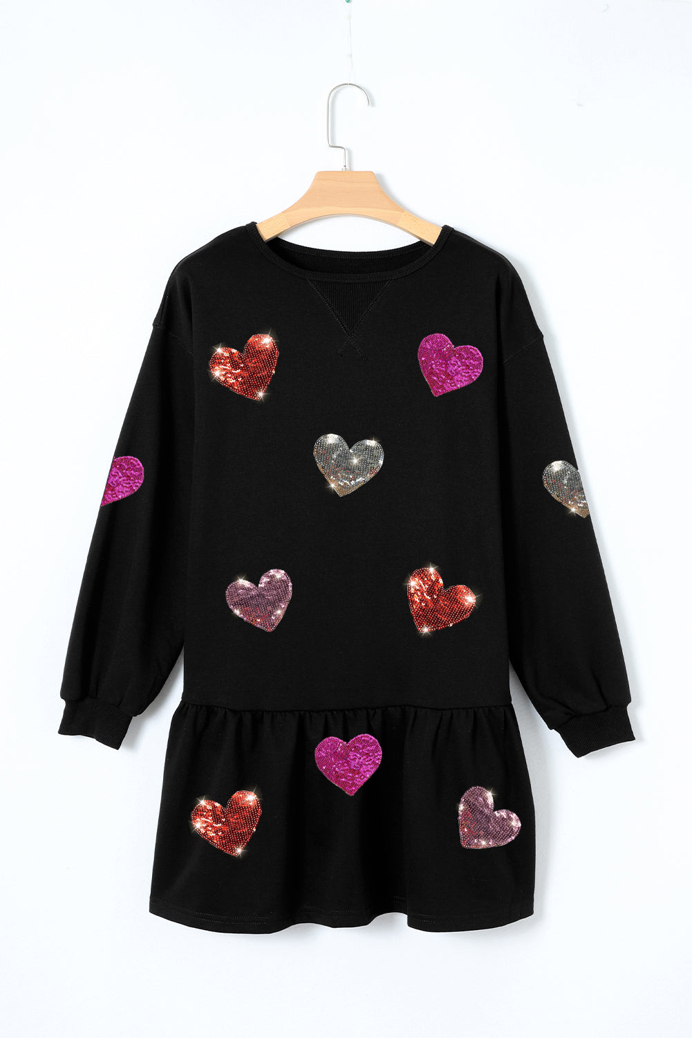 Sequin Heart Round Neck Long Sleeve Mini Dress