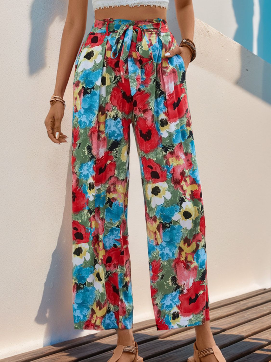 Tied Printed Wide Leg Pants