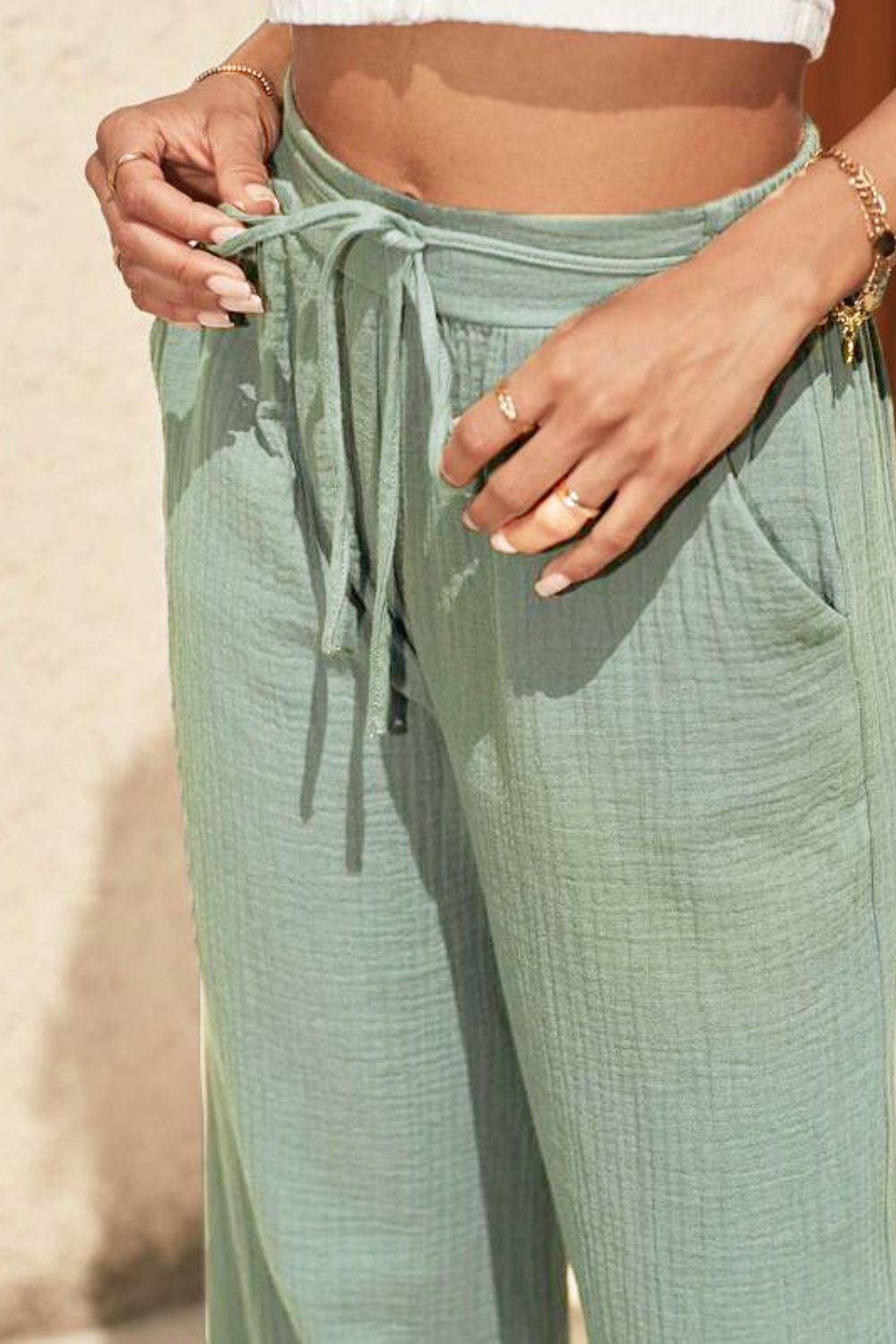 Texture Tied Wide Leg Pants