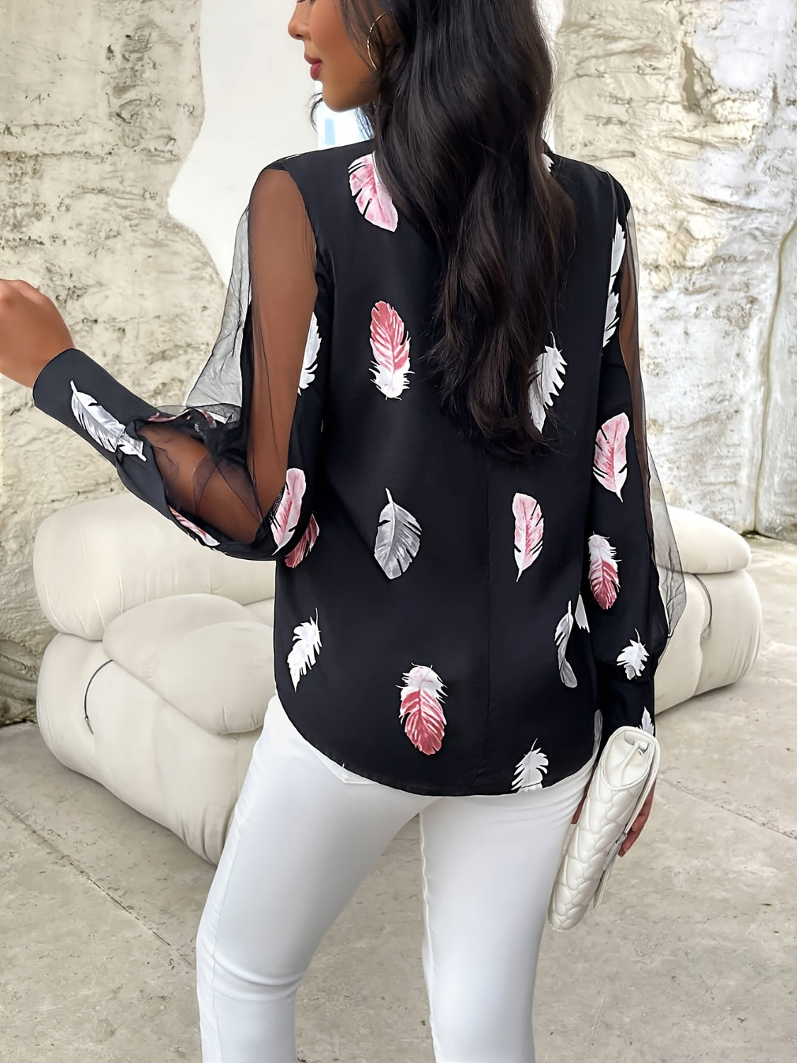 Feather Print Mock Neck Long Sleeve Blouse