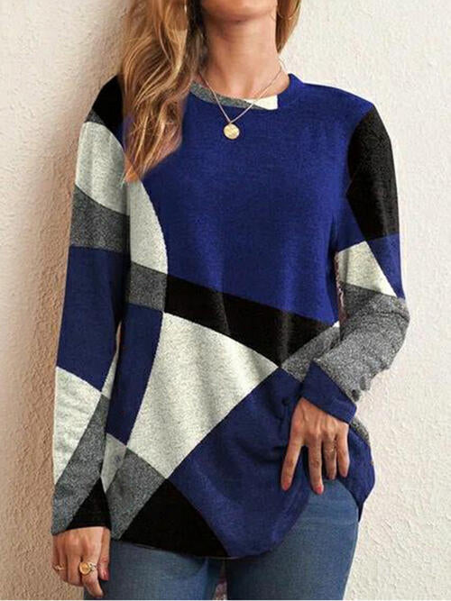 Color Block Round Neck Long Sleeve T-Shirt